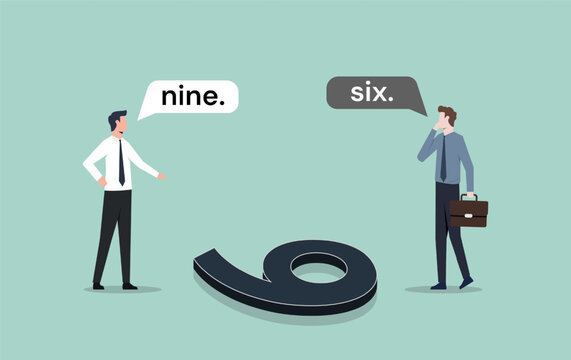 Six or Nine. Different answers from the perspective and point of view concept. Opposite view from two different people