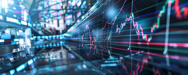 Market fluctuations graph with real-time data on a high-energy trading floor