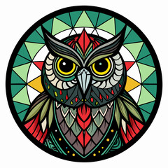 Obraz premium Black Stained Glass Christmas Owl round sign Black Vector silhouette