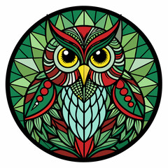 Black Stained Glass Christmas Owl round sign Black Vector silhouette
