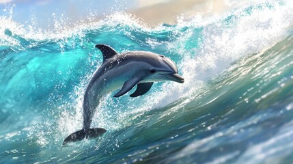 A baby dolphin playfully swimming alongside its mother, splashing through the waves of a crystal-clear ocean.