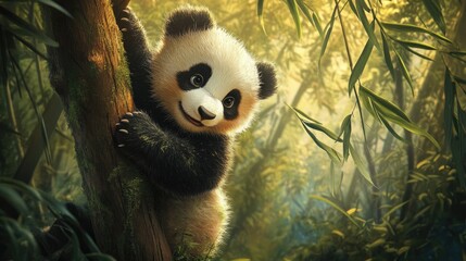 Obraz premium A baby panda climbing a tree in a lush bamboo forest, playfully grasping the branches with its soft, furry paws.