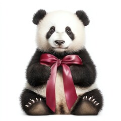 A panda with a Black Friday ribbon wrapped around its belly, looking playful and cute, isolated on...