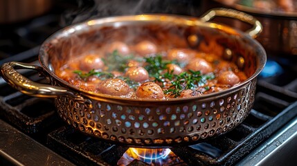 Close-up of Scallops Cooking in a Copper Pan on a Stovetop