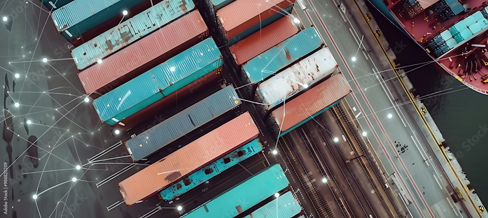 Poster smart port management ai in shipping and freight where artificial intelligence manages port operatio