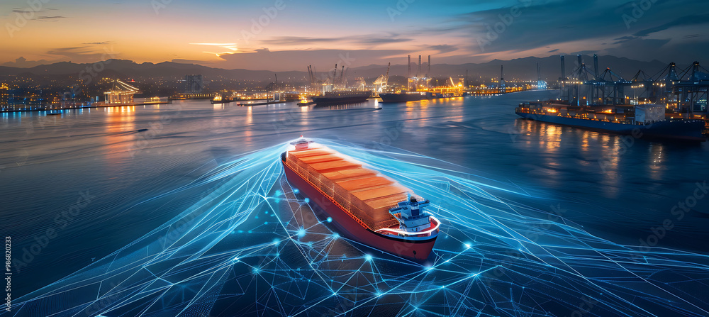 Poster smart port management ai in shipping and freight where artificial intelligence manages port operatio