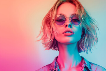 Fototapeta premium Stylish young woman with blonde hair and round sunglasses on colorful gradient background