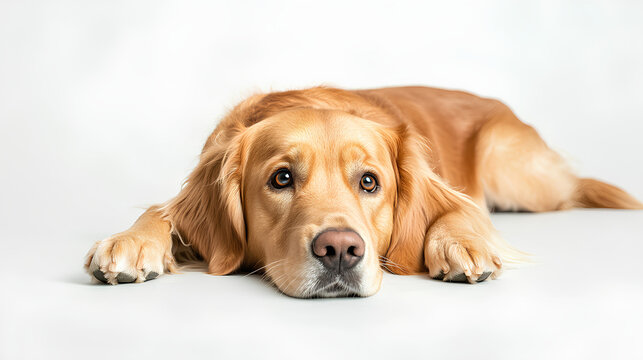 Sad golden retriever dog lying on the floor, pet isolated on white background, bored and unhappy animal