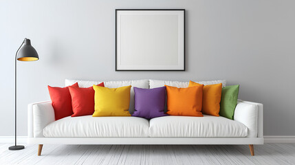 Scandinavian interior design of modern living room, home. Colorful vibrant pillows on white sofa against wall with art poster frame.