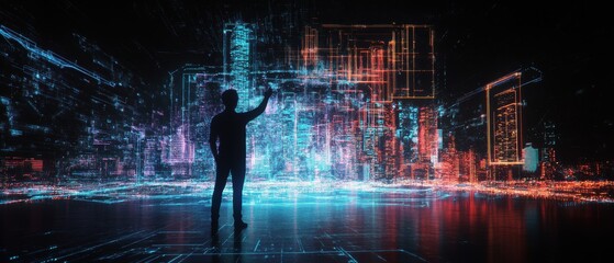 Obraz premium A person interacts with a vibrant, digital cityscape, illuminated by colorful data streams and holographic structures in a futuristic setting.