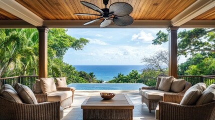 Fototapeta premium A ceiling fan spinning above an outdoor terrace with wicker furniture, providing a gentle breeze to cool down the tropical setting.