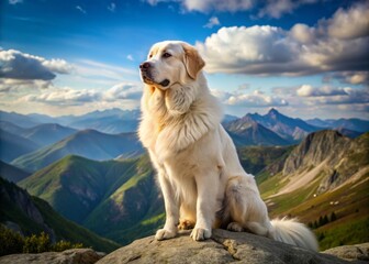 The majestic Great Pyrenees mountain dog sits regally atop a rugged peak, its piercing gaze sweeping the mountain