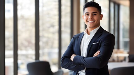 Fototapeta premium Confident Young Latino Businessman Standing Proudly in Modern Office