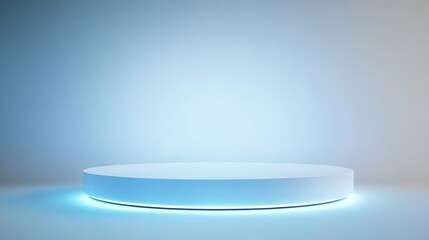 A white circular podium with a glowing blue light underneath, set against a light blue background.