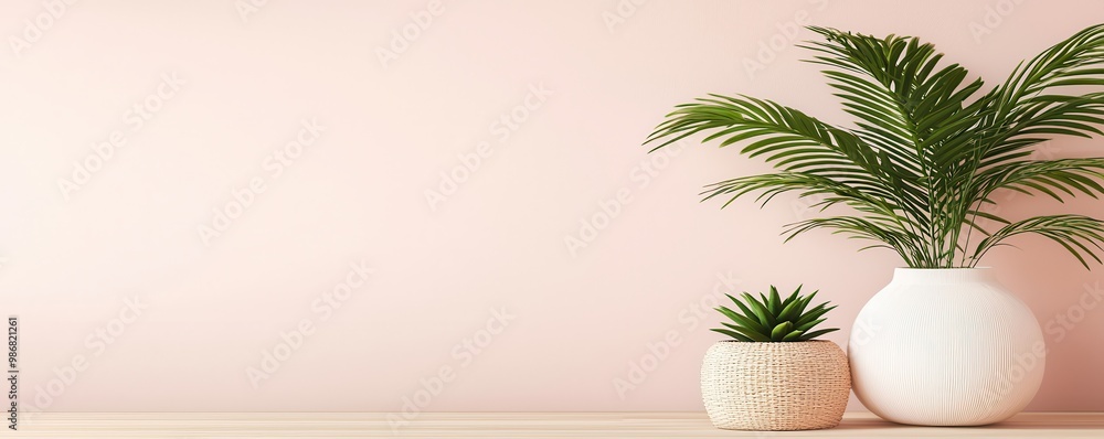 Sticker Minimalist Interior Design with Plants and a Pink Wall.