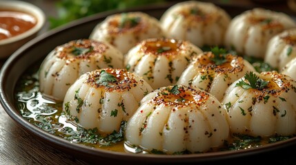 Close-up of roasted garlic cloves with herbs and spices on a plate