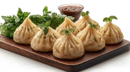 Steamed Dumplings with Chili Sauce and Mint Garnish