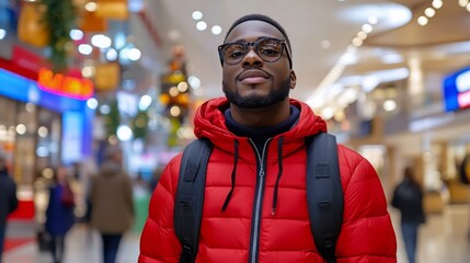 Fototapeta premium A confident young man in a red jacket stands in a busy mall. 