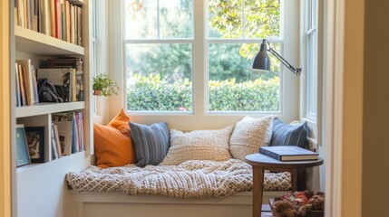 Cozy Reading Nook by Bay Window Featuring a Built-In Bench Adorned with Plush Cushions and a Soft Knitted Blanket for Ultimate Comfort