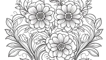 Floral seamless pattern,Black and white coloring page featuring various detailed flowers and plants together in a harmonious arrangement, designed for relaxation and creativity through the art,564