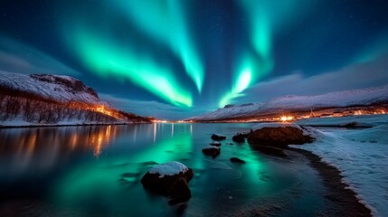 The Northern Lights cast an ethereal green glow over a still, reflective lake, surrounded by snowy mountains.