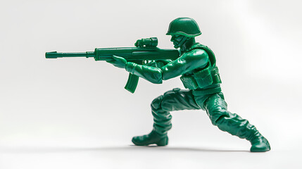 Full body of green toy soldier aiming with a rifle on white background 