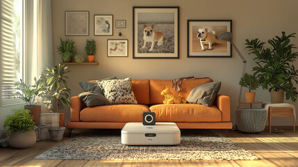 Obraz premium a smart pet camera in augmented reality, showcasing two-way audio, motion detection, and treat dispenser capabilities in a cozy living room