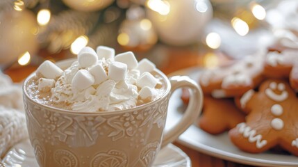 Cozy Scene Featuring Rich Hot Chocolate Topped with Fluffy Whipped Cream and Colorful Marshmallows, Perfect for Winter Indulgence