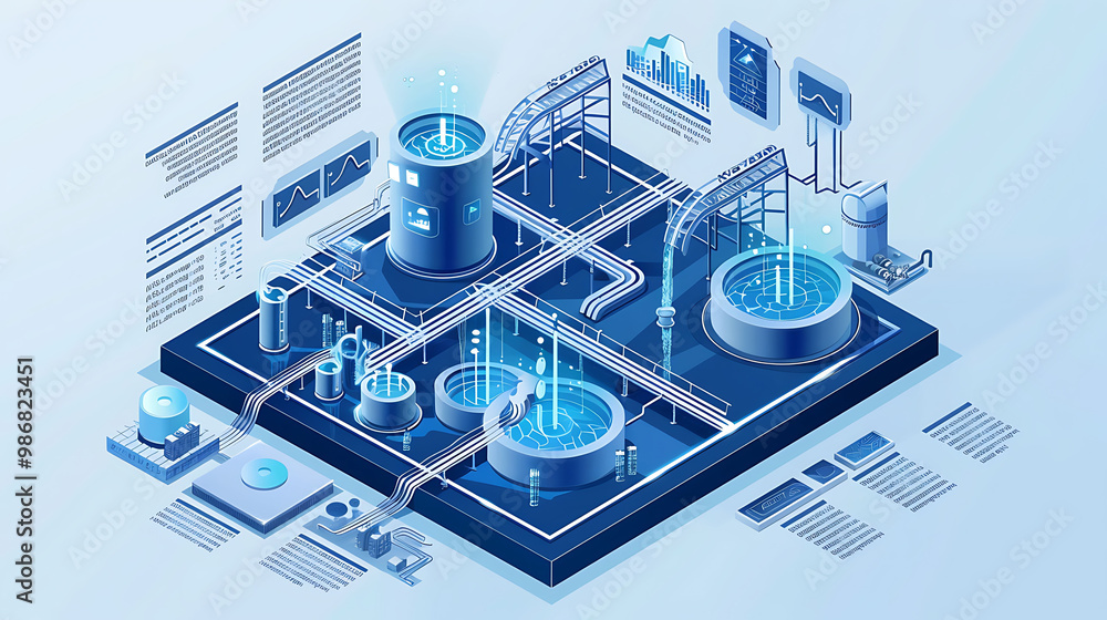 Poster smart water management ai depicted in an abstract design where artificial intelligence monitors wate