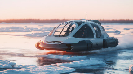 Autonomous hovercraft crossing frozen tundra. Frozen Tundra. Illustration