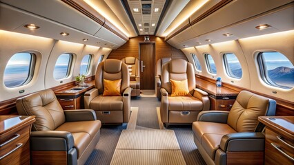 Fototapeta premium The modern private airplane sits atop the tarmac, its luxurious leather interior promising a supreme travel experience,