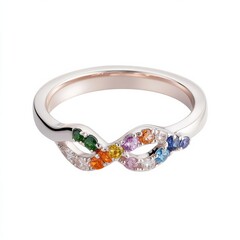 Cross-over ring with alternating gemstones, symbolizing unity and diversity