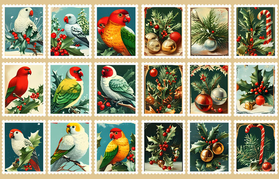 This charming collection of vintage-style Christmas stamps features a delightful array of birds, including vibrant parrots and playful parakeets, set against whimsical festive holiday backdrops. 