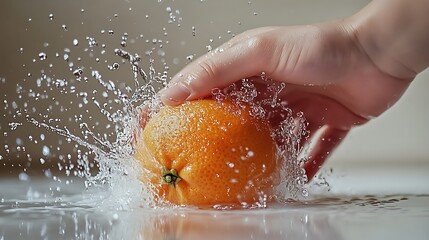 Hand washing orange fruit in water splash motion