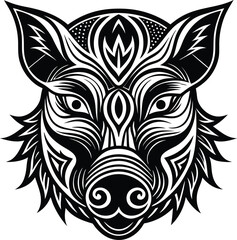 Boar's head tribal tattoo line art illustration on black and white.