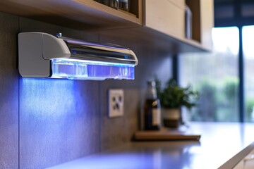 Person operating beverage machine with blue lighting