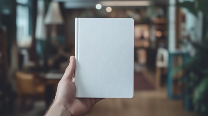 Hand holding white notebook in a cozy room