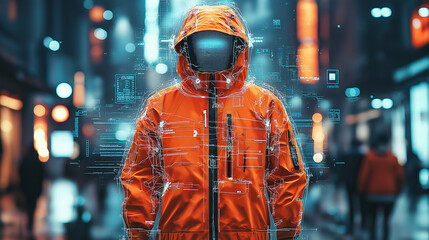 a stylish bomber jacket in augmented reality, showcasing material quality, color choices, and customization options in a virtual urban environment