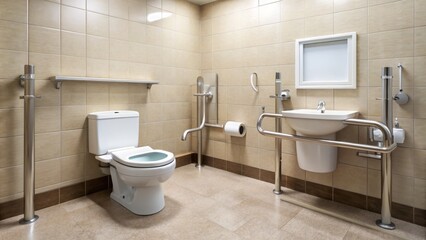 The restroom provides accessibility features, including grab bars for stable support and a raised toilet seat for