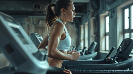 Fototapeta premium Side profile of a fit girl running on a treadmill at the gym. 