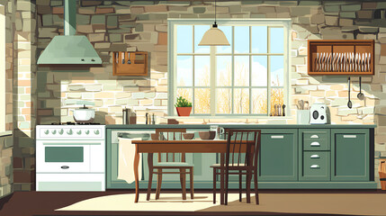Stone house kitchen interior with cooking cabinet, dining table near window 