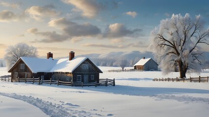 Winter Cabin in Beautiful Snowy Mountain Landscape 