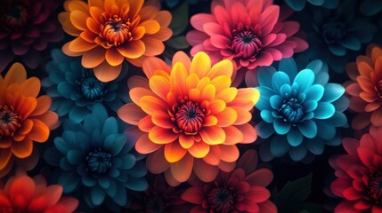 Vibrant, colorful flowers in shades of orange, red, and blue create a captivating floral backdrop.