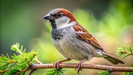 The small, brown bird's bright, curious eyes gaze downward from its perch on a slender, leafy branch, its