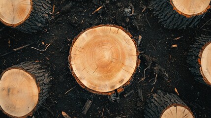 Deforested landscape, tree stumps scattered, aerial view, harsh midday sun, desolate mood