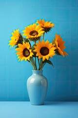 Beautiful sunflowers in a blue vase with a blue background