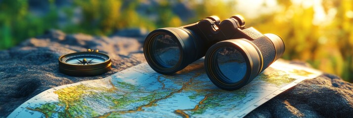 3D render of a hiking trail map with a compass and a pair of binoculars, set against a vibrant nature background