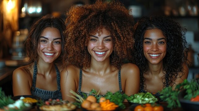 Three Diverse Women Smiling and Posing with Fresh Produce - Powered by Adobe