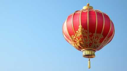 Obraz premium A festive red and gold paper lantern with a glossy finish, floating in mid-air, against a clear blue sky