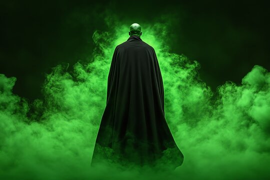 Morpheus cloaked in deep green mist, standing in a dream world where nature breathes life into every dream
